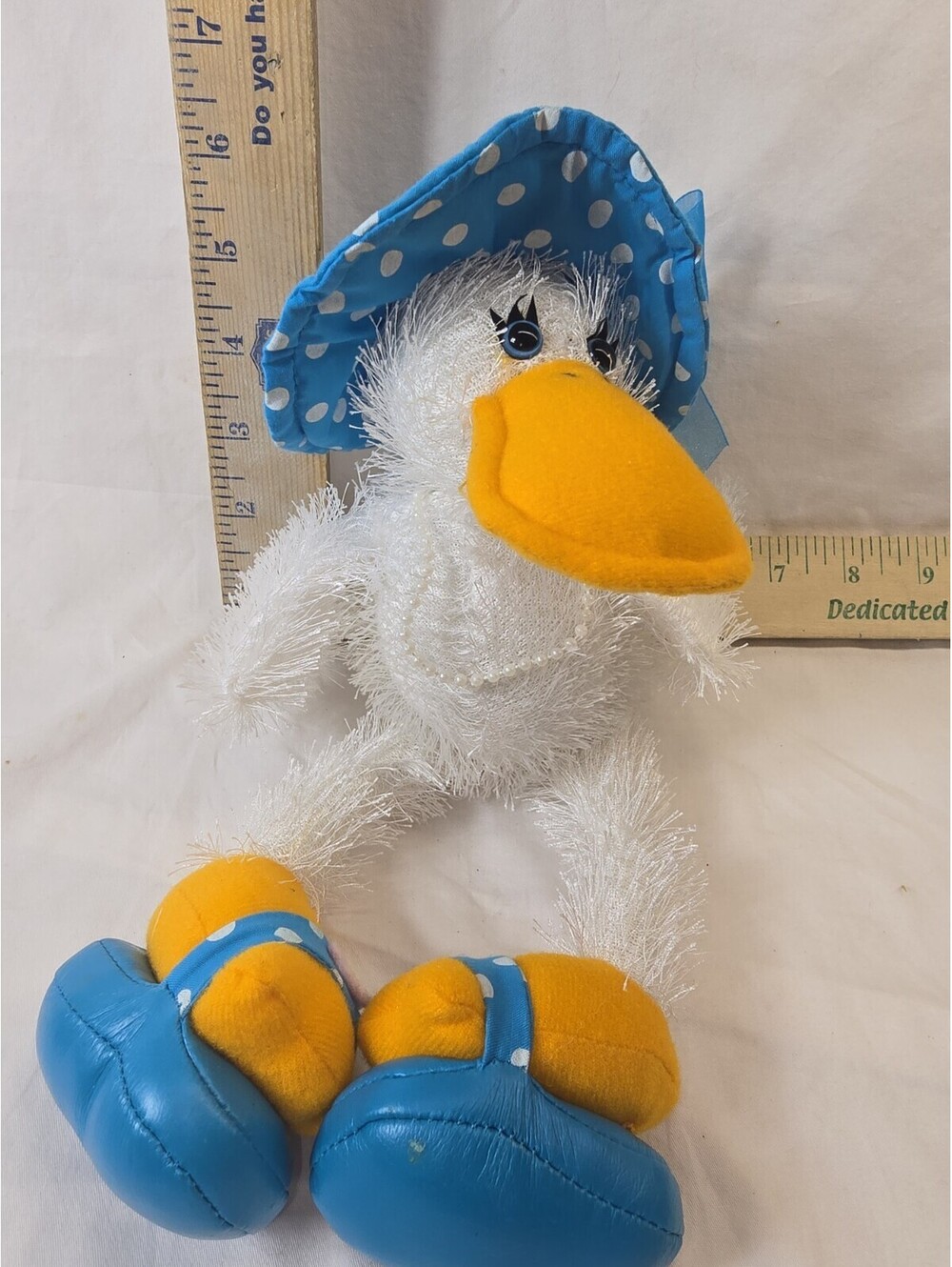 Vintage Ganz Fancy Feet Duck Plush H8059 White Eyelash Blue Sunhat Pearls Shoes